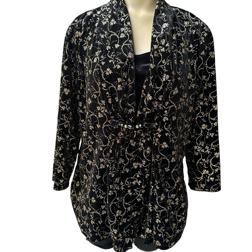 Vintage Notations Blouse Top Large Black Gold Velvet Metallic Floral Classic Y2K